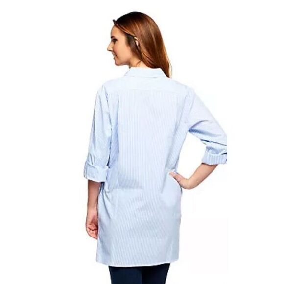Denim & Co Women 3X Button Front Long Top Blue White Stripe Roll Tab Sleeve NWT - Picture 4 of 4